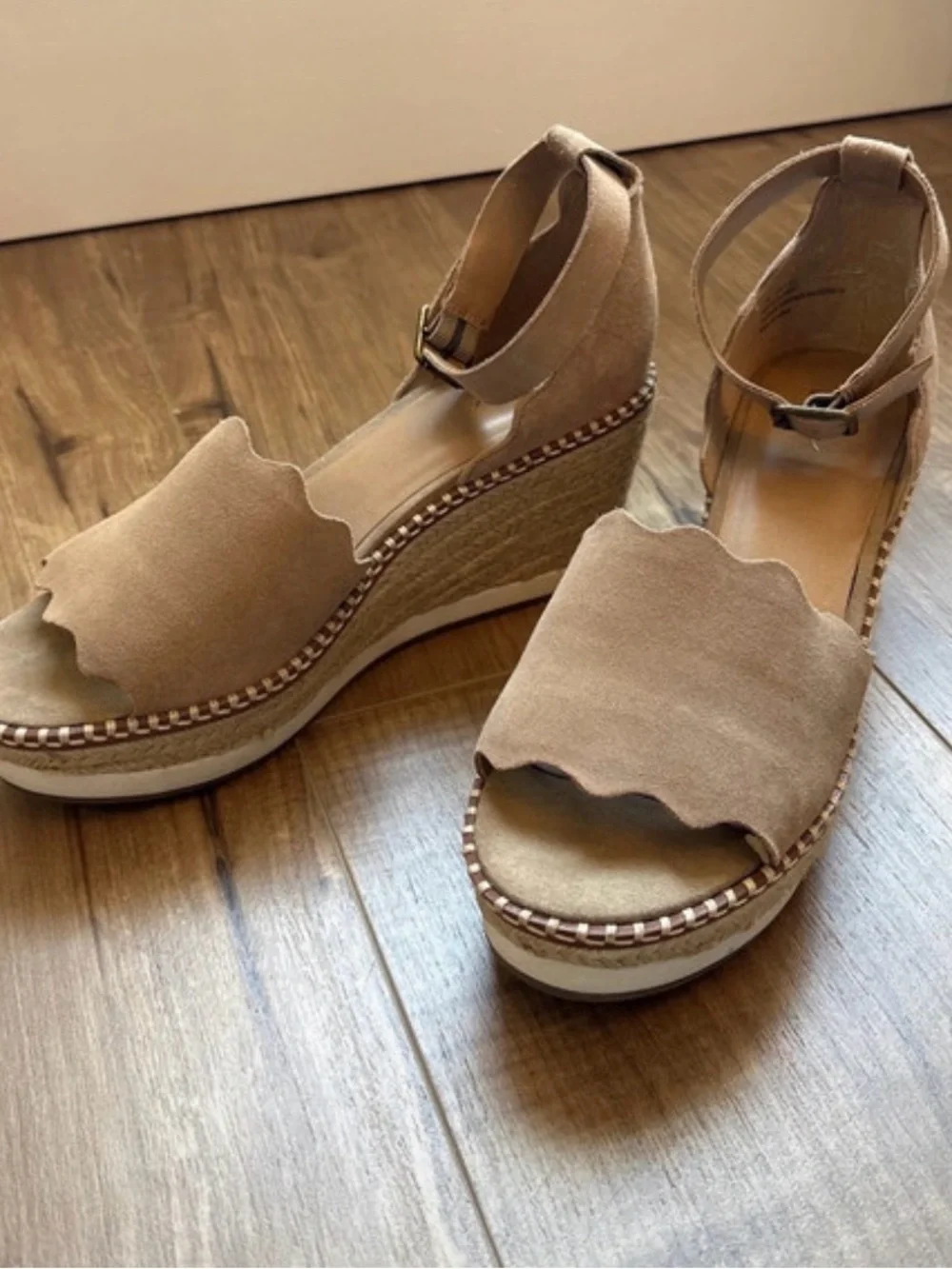 Crown Vintage Tan Scalloped Suede Wedge Sandals